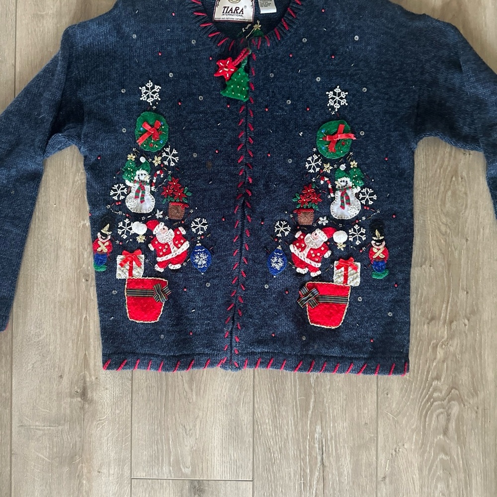 Tiara International Christmas Collection Full Zip‎ Cardigan Sweater Santa Medium